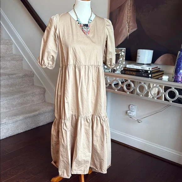 Zara | Dresses | Zara Tan Tiered Maxi Sundress With Puff Sleeves | Poshmark